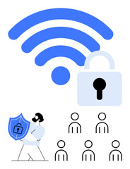 wireless symbol with lock, person holding shield, and group of people. Ideal for cybersecurity, data protection, online privacy, secure networks, internet safety, user security awareness, and digital