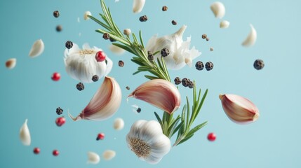 Floating garlic cloves and herbs on a blue background, culinary art concept