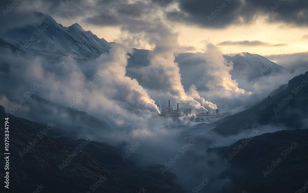 Poster a misty mountain scene with steam rising, creating an ethereal atmosphere in a valley surrounded by 
