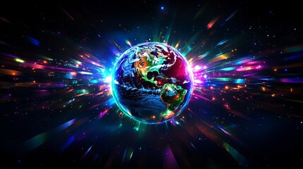 Obraz premium Earth illuminated with vibrant lights and energy beams in space