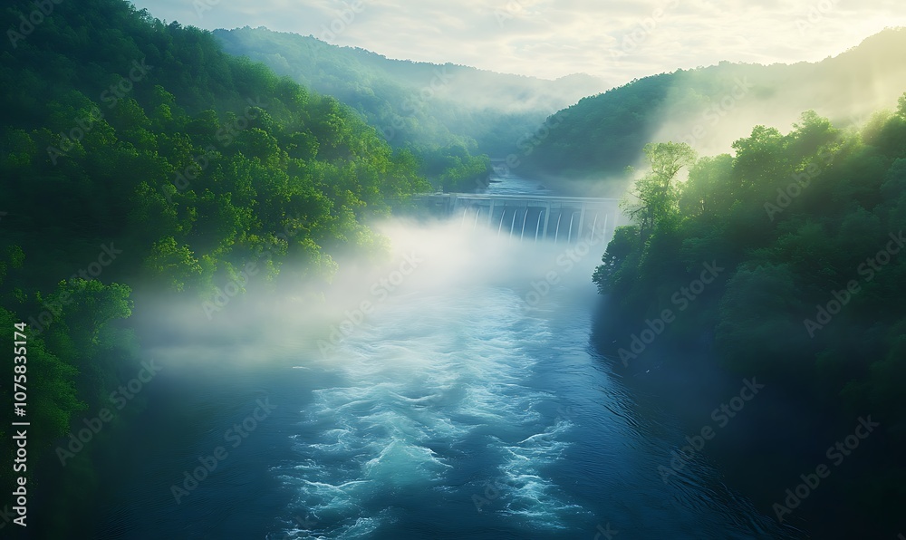 Poster a serene river flows through a misty landscape, surrounded by lush greenery and distant hills, creat