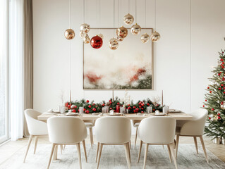 christmas decorated in dining room , dinner table set with the centerpiece red x'mas flowers, red painting on the wall 