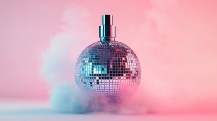 Disco ball perfume bottle surrounded by colorful smoke, creative concept