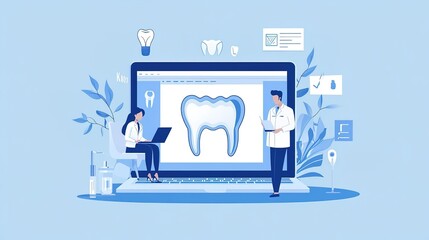 A real white couple booking a dental appointment online using a laptop. The scene features a blue-themed background that conveys a sense of calm and professionalism, 