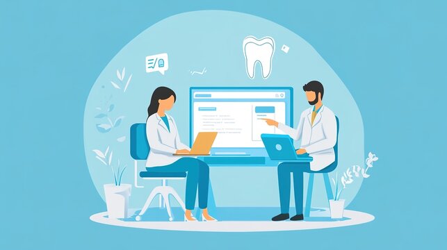 A real white couple booking a dental appointment online using a laptop. The scene features a blue-themed background that conveys a sense of calm and professionalism, 
