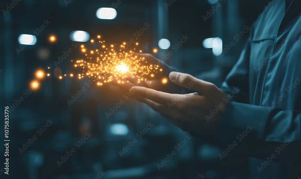 Poster A person holds their hands open, surrounded by shimmering sparks of light, evoking a sense of magic and creativity in a dimly lit environment.