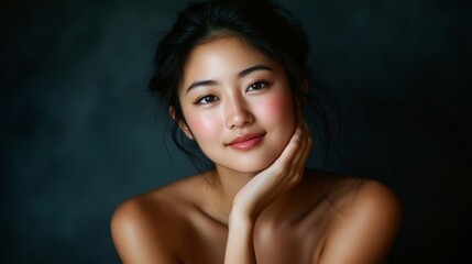Fototapeta premium Portrait of an East Asian woman with glowing skin, gentle smile, bare shoulders, hand on face, minimal backdrop, soft lighting, empty space around.