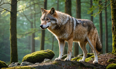 Fototapeta premium A wolf stands on a rock in a lush forest, its gaze fixed on something in the distance