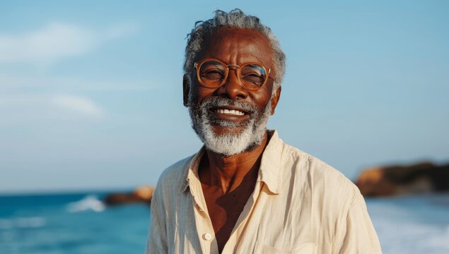 Happy senior African American man enjoying beach on a sunny day - Powered by Adobe