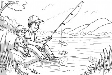 Fototapeta premium A cheerful Caucasian father and son enjoy a peaceful day fishing by the water, surrounded by nature's beauty.