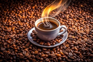 Fototapeta premium a cup of coffee with a fire burning in the background