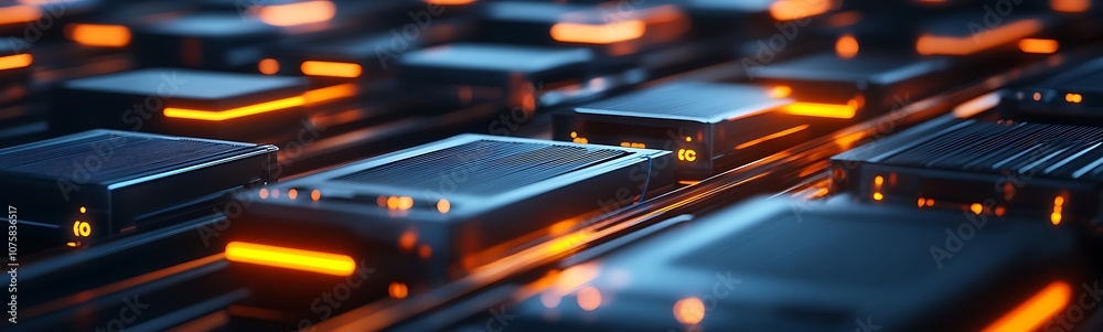 Fototapete a close-up view of interconnected data storage devices illuminated by orange lights, showcasing a fu