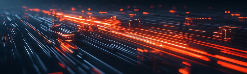 A vibrant display of flowing lights captures the essence of speed and technology, showcasing dynamic lines of red and blue in a digital landscape.