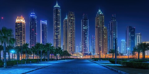 Cityscape, city at night, city skyline. Dubai business district skyline by night