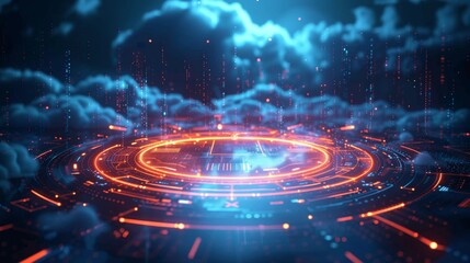 Futuristic Cloud Technology with Data Center and Hologram Background in Blue Theme