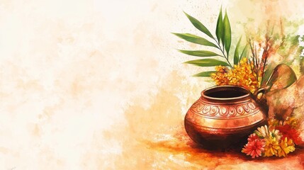 A decorative clay pot surrounded by vibrant flowers and leaves, evoking a warm, artistic vibe. Tamil Thai Pongal Day