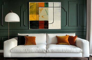 Modern Minimalist Living Room with White Leather Sofa and Geometric Art