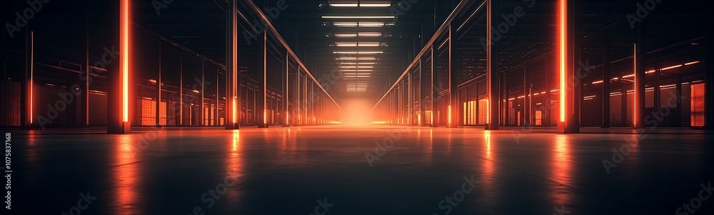 Leinwandbilder a futuristic corridor illuminated by glowing orange lights, creating a dramatic and atmospheric sett