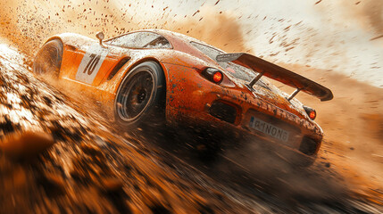 Race Car on Track with Flying Debris, Action shot of a race car at high speed, gravel and debris flying off the wheels, background motion-blurred for a sense of extreme speed 