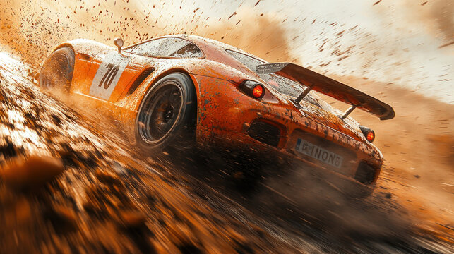 Race Car on Track with Flying Debris, Action shot of a race car at high speed, gravel and debris flying off the wheels, background motion-blurred for a sense of extreme speed 