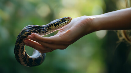 Fototapeta premium A poisonous snake is crawling on palm.