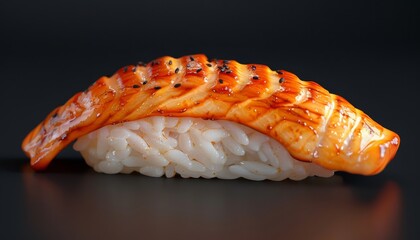A single piece of nigiri sushi with a grilled salmon topping, sprinkled with black sesame seeds on a black background.