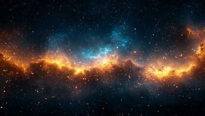Fototapeta premium A captivating starry night sky with golden and teal particles, perfect for celestial-themed events, greetings, and decor for holidays like New Year's or Christmas.