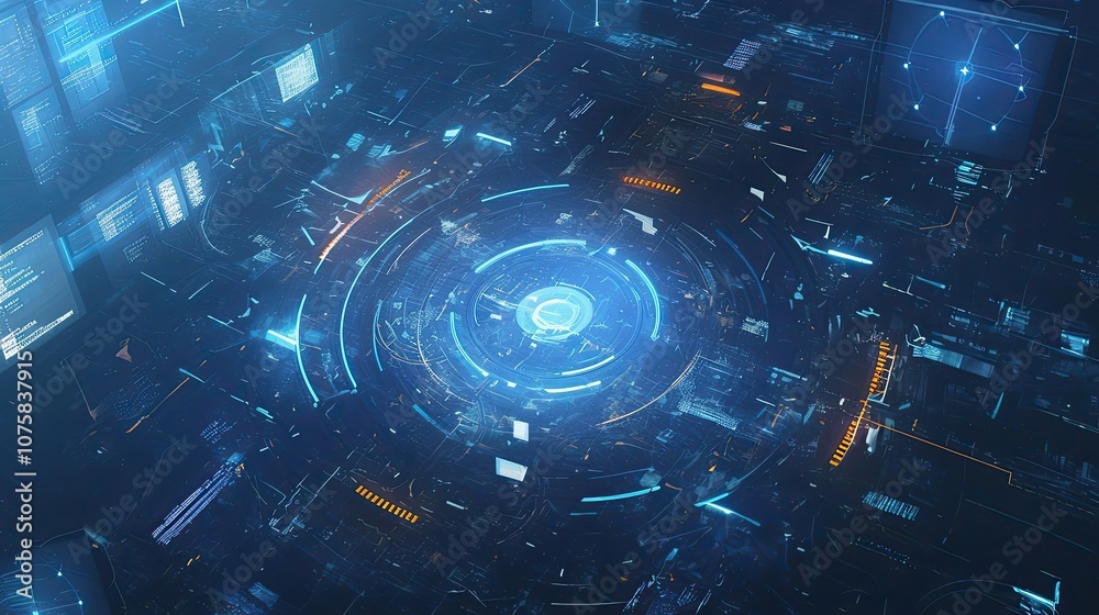 Poster abstract digital interface with a glowing circular element and lines