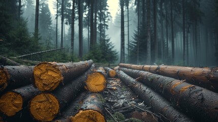 stack of pine tree logs in misty forest environment