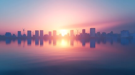 Fototapeta premium A serene city skyline reflects in calm waters as a vibrant sunrise casts a colorful glow over modern buildings.