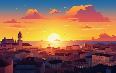 Obraz premium A vibrant sunset over a city skyline, highlighting buildings and a serene ocean view.