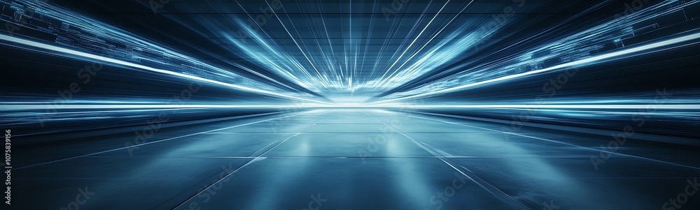 Fototapete A futuristic blue corridor with dynamic light beams, creating a sense of speed and depth, ideal for sci-fi themes and digital aesthetics.