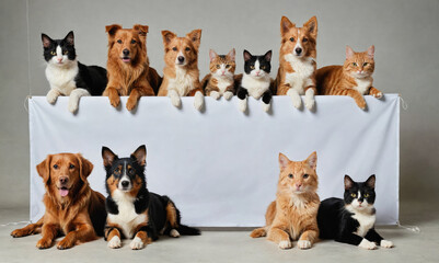 Fototapeta premium A group of dogs and cats pose for a photo in front of a white backdrop