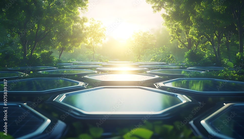 Poster a serene landscape featuring hexagonal solar panels surrounded by lush greenery, illuminated by a gl