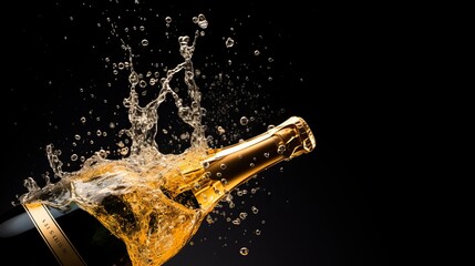 Celebratory champagne bursting with effervescence in a dark, elegant setting. Generative AI
