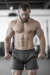 Obraz premium Muscular Boxer Focusing on Jump Rope Training in Gym, Showcasing Strength and Active Lifestyle with Intense Concentration on Fitness Techniques