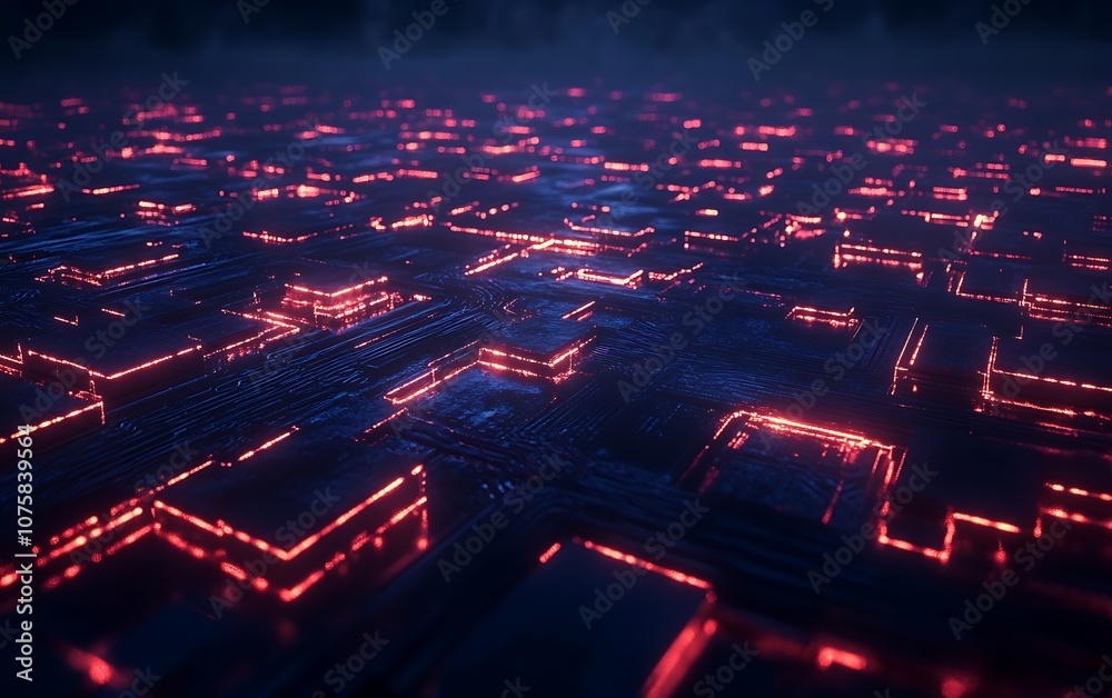 Poster a futuristic digital landscape illuminated by glowing red lines, resembling a network or circuit boa