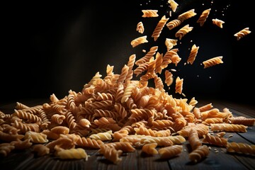 Fototapeta premium Spirals of pasta swirling gracefully in a dramatic dance of culinary art. Generative AI