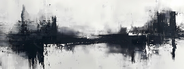 An abstract black and white painting with dynamic brush strokes creating a sense of movement and depth.