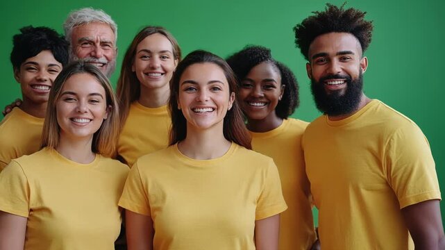 Diverse group of people in yellow t shirts stand happily in front of a green screen, showing unity and inclusivity