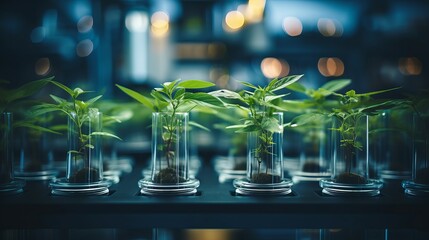 Exploring the growth of young plants in a laboratory setting during the evening. Generative AI
