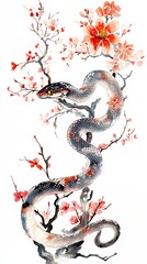 Obraz premium An elegant watercolor snake intertwined with plum blossoms, celebrating Lunar New Year traditions.