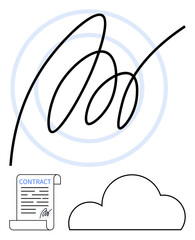Digital signature loop with concentric circles, contract document having signature, and cloud shape. Ideal for business, legal, security, cloud storage, digital transformation, authentication