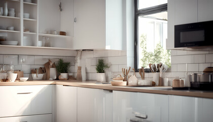 Fototapeta premium contemporary comfortable counter furnished locker kitchen apartment furniture detail style suite classic element domestic table object stylish modern cabinet home 