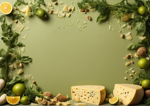Frame of cheese wedges, fruits, herbs, and nuts on green background, vibrant food scene