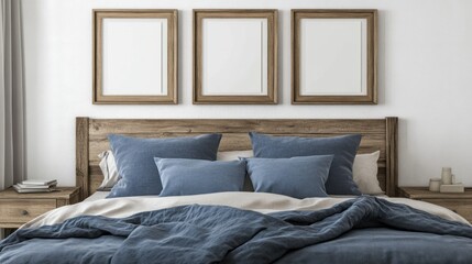 Modern Bedroom with Wooden Headboard and Blue Bedding