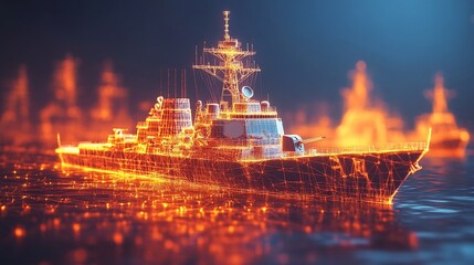 Fototapeta premium A futuristic digital rendering of a warship with glowing lines.