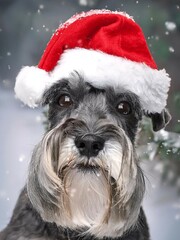 Black Silver Miniature Schnauzer Dog Wearing Christmas Red and White Hat with Snow Falling in the Background