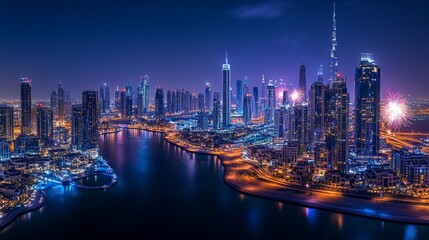 A vibrant night skyline of a modern city with illuminated buildings and a river.