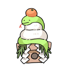 ヘビの巻き付いている鏡餅のイラスト